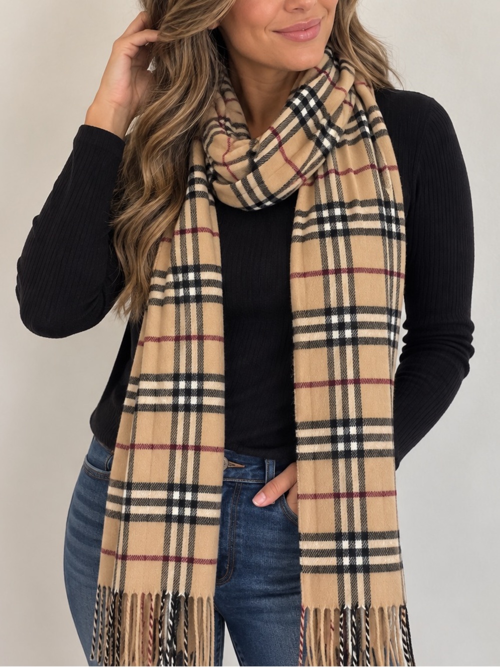 Burberry Beige Plaid Wool Scarf with Fringe